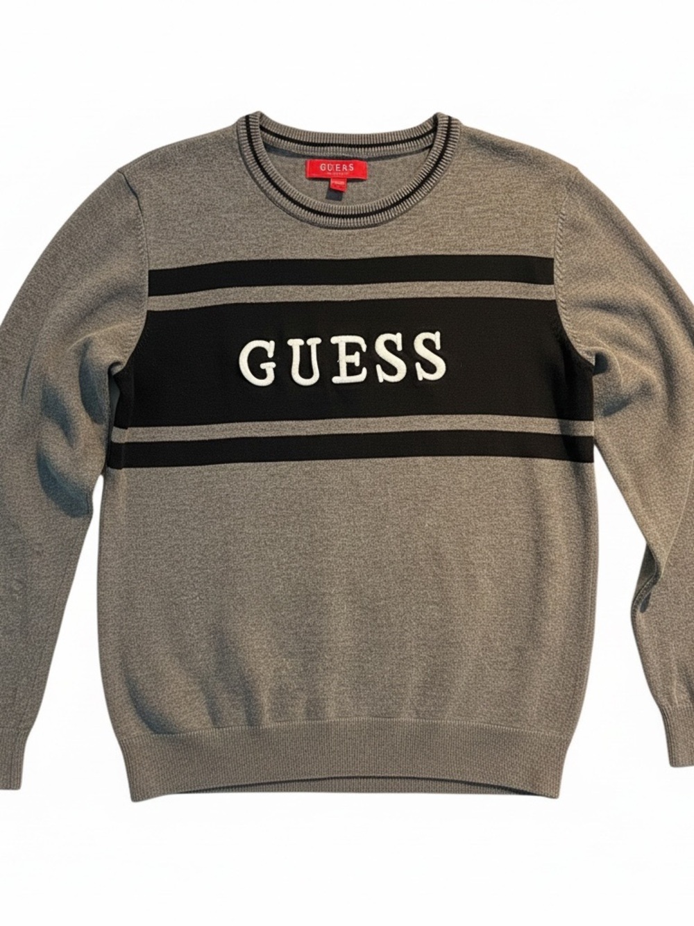 GUESS Men’s Crewneck Sweater 100% Cotton Size L Grey & Black White Guess Logo